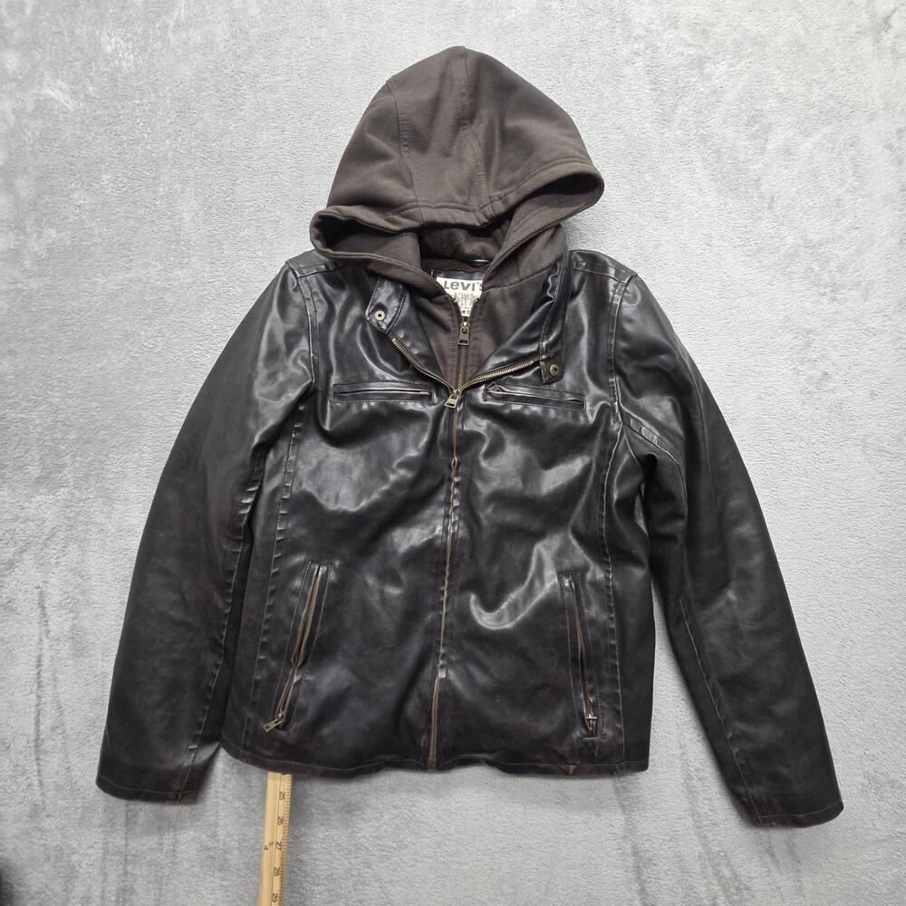 VGT Levi's Jacket Mens Small Brown Motorcycle PVC Hooded Lined Full Zip Pockets